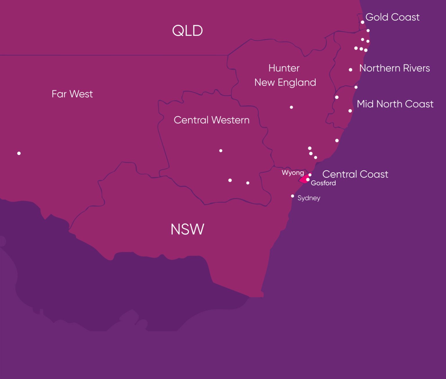 Map of NSW, highlighting the Social Futures footprint of the Central Coast