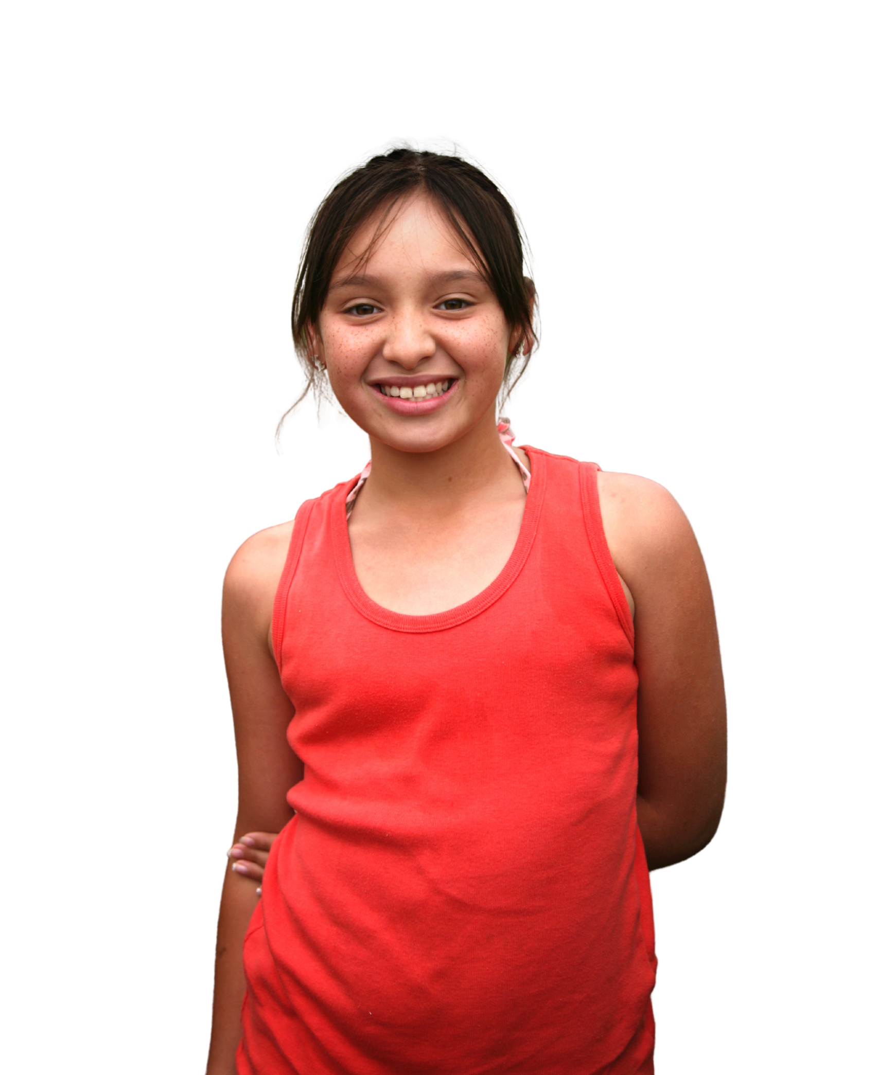 A teenage girl on a red singlet top