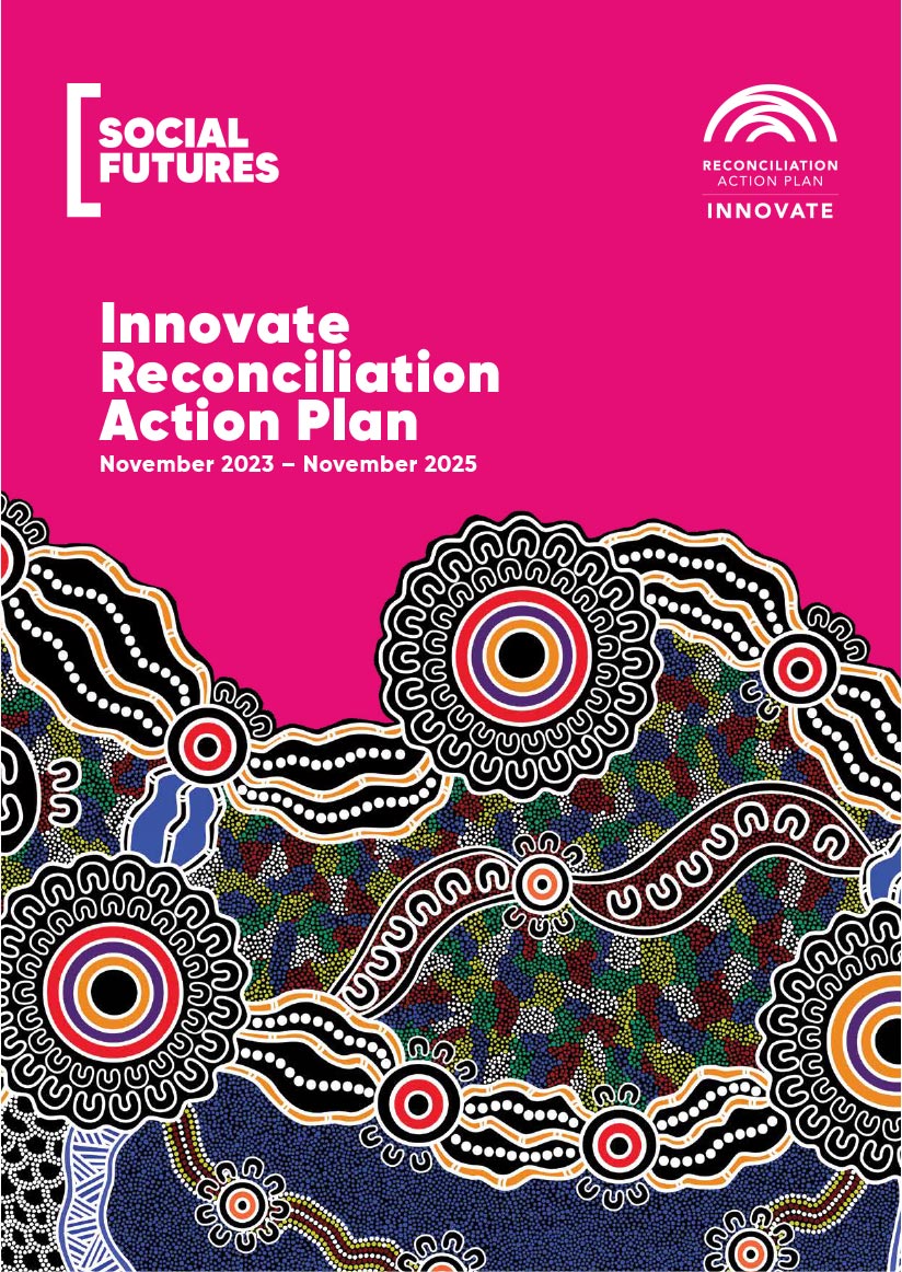 Magenta cover image for the Innovate Reconciliation Action Plan November 2023 – November 2025, with Stephen Hogarth artwork
